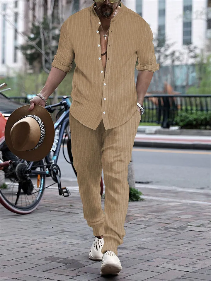 Men's Striped Texture Button Up Long Sleeve Shirt   Long Pants Outfits