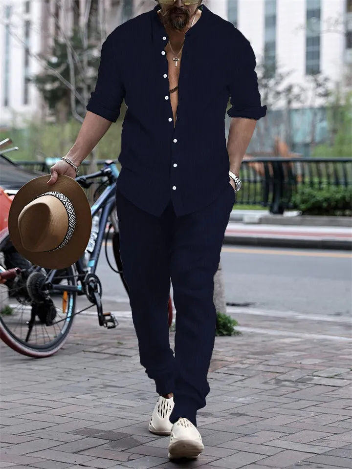 Men's Striped Texture Button Up Long Sleeve Shirt   Long Pants Outfits