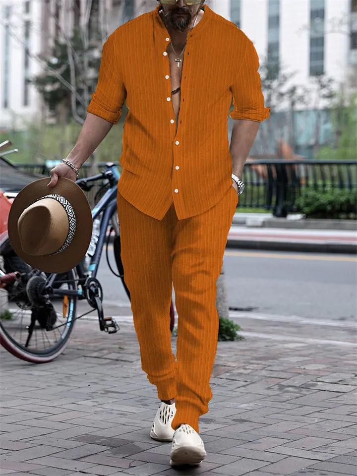 Men's Striped Texture Button Up Long Sleeve Shirt   Long Pants Outfits