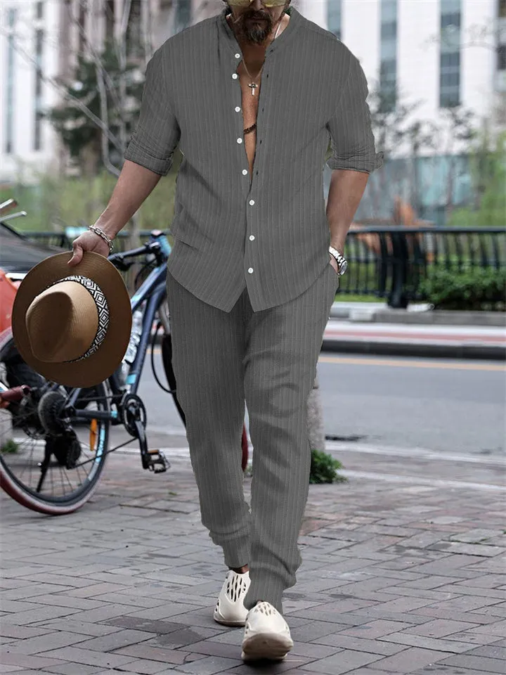Men's Striped Texture Button Up Long Sleeve Shirt   Long Pants Outfits
