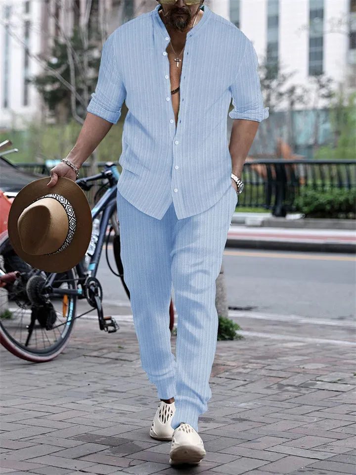 Men's Striped Texture Button Up Long Sleeve Shirt   Long Pants Outfits