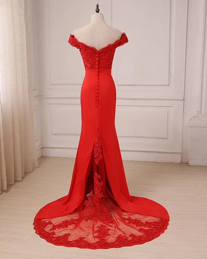Mermaid Off The Shoulder Beaded Lace Long Prom Dresses