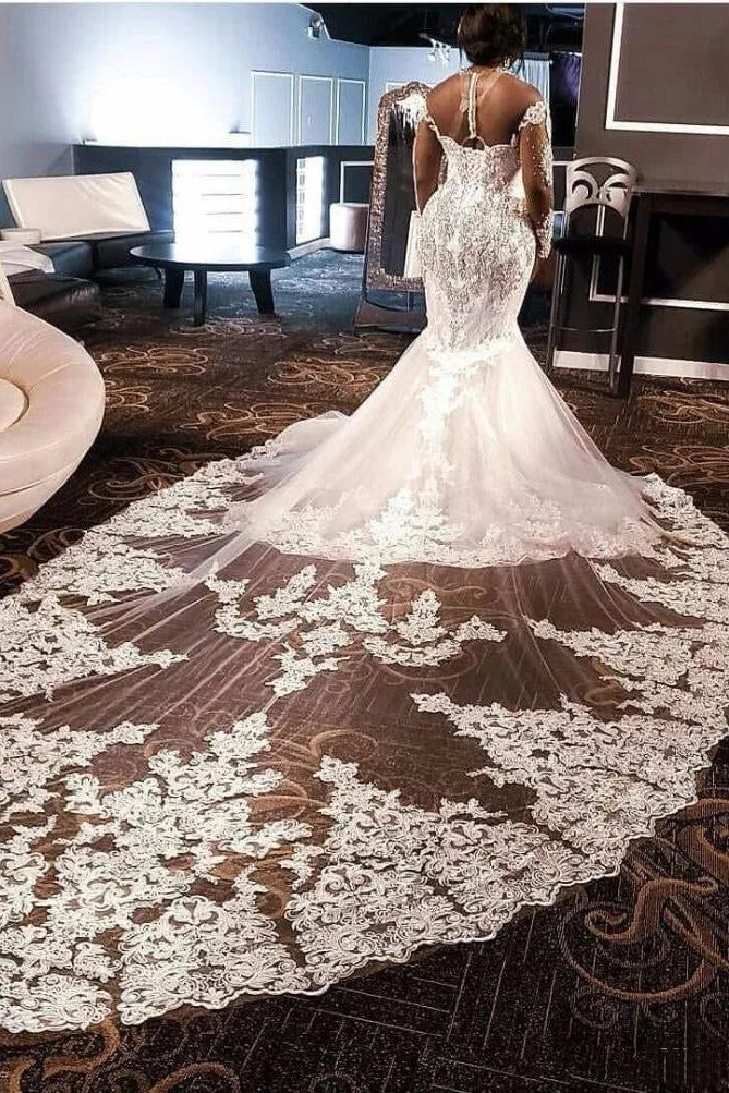 Mermaid V-neck Long Train Long Sleeves Tulle Beading Applique Wedding Dress
