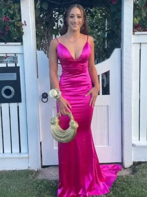 Mermaid V Neck Plunge Satin Long Prom Dresses