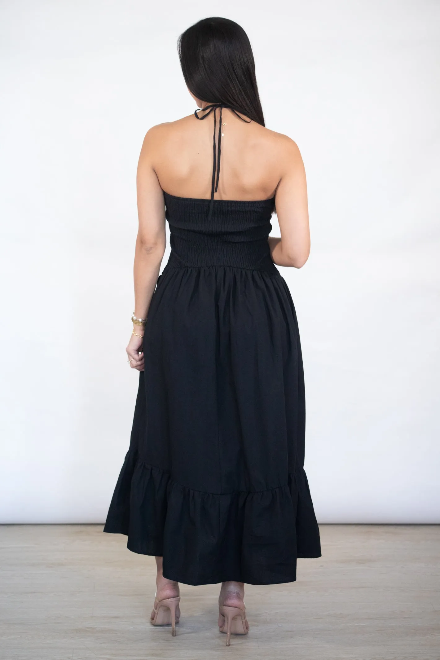 MIDNIGHT ROSE HALTER MIDI DRESS