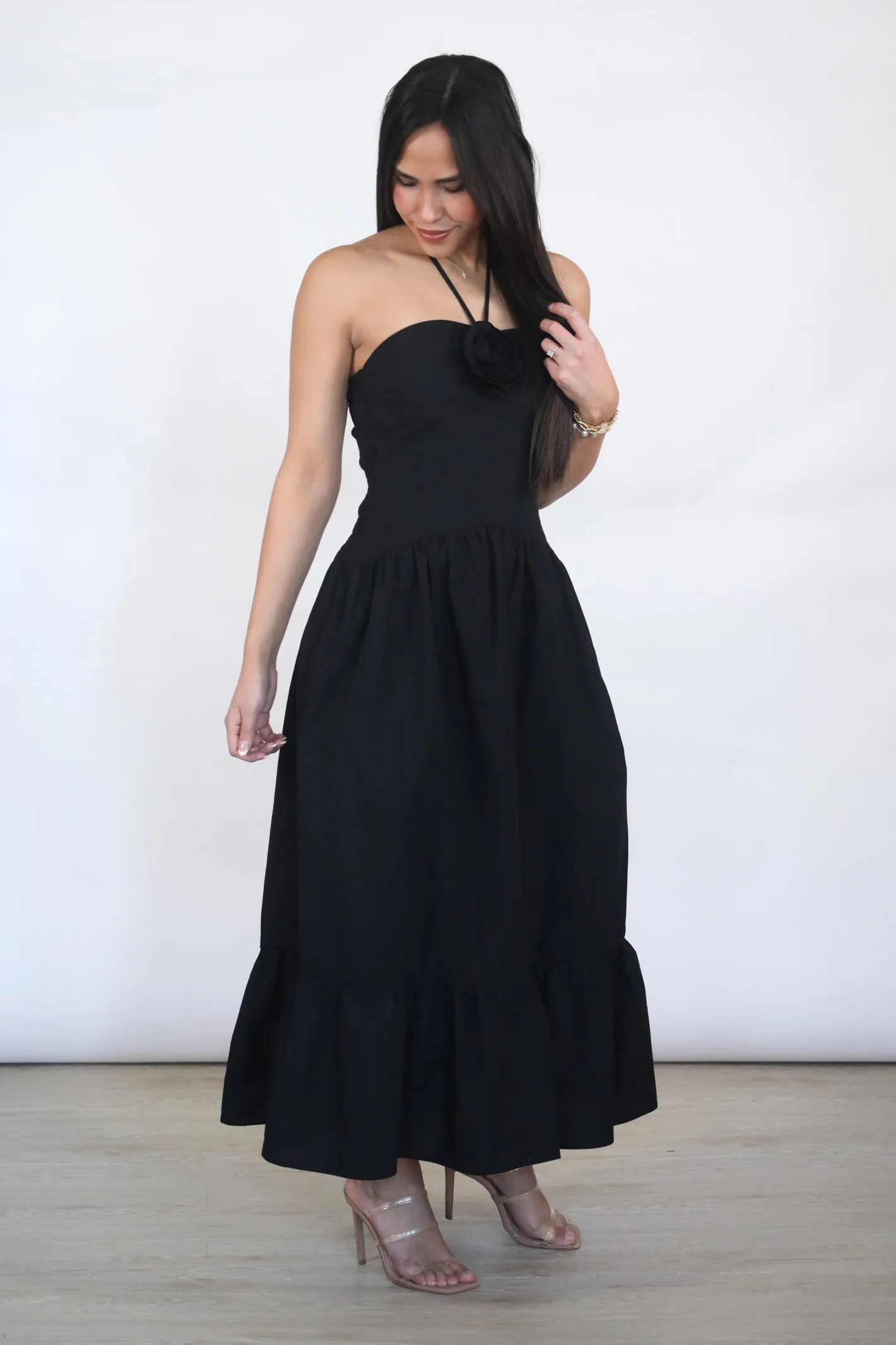 MIDNIGHT ROSE HALTER MIDI DRESS