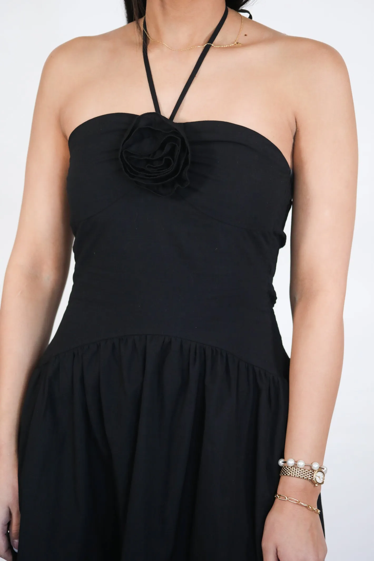 MIDNIGHT ROSE HALTER MIDI DRESS