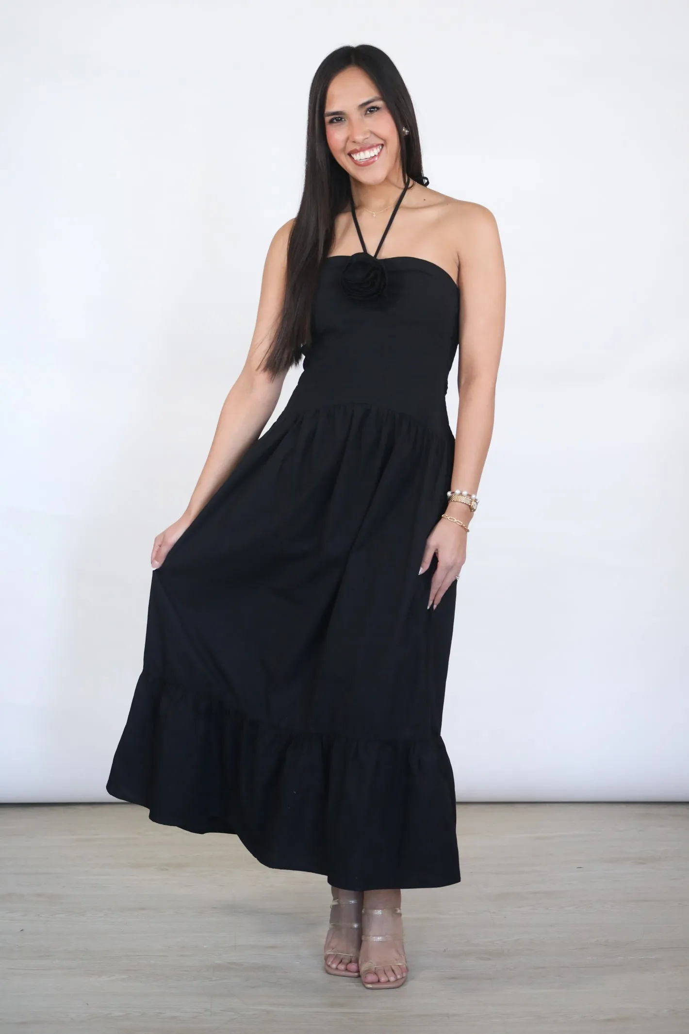 MIDNIGHT ROSE HALTER MIDI DRESS