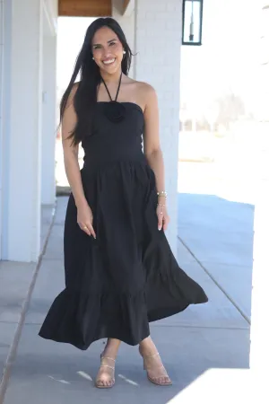 MIDNIGHT ROSE HALTER MIDI DRESS
