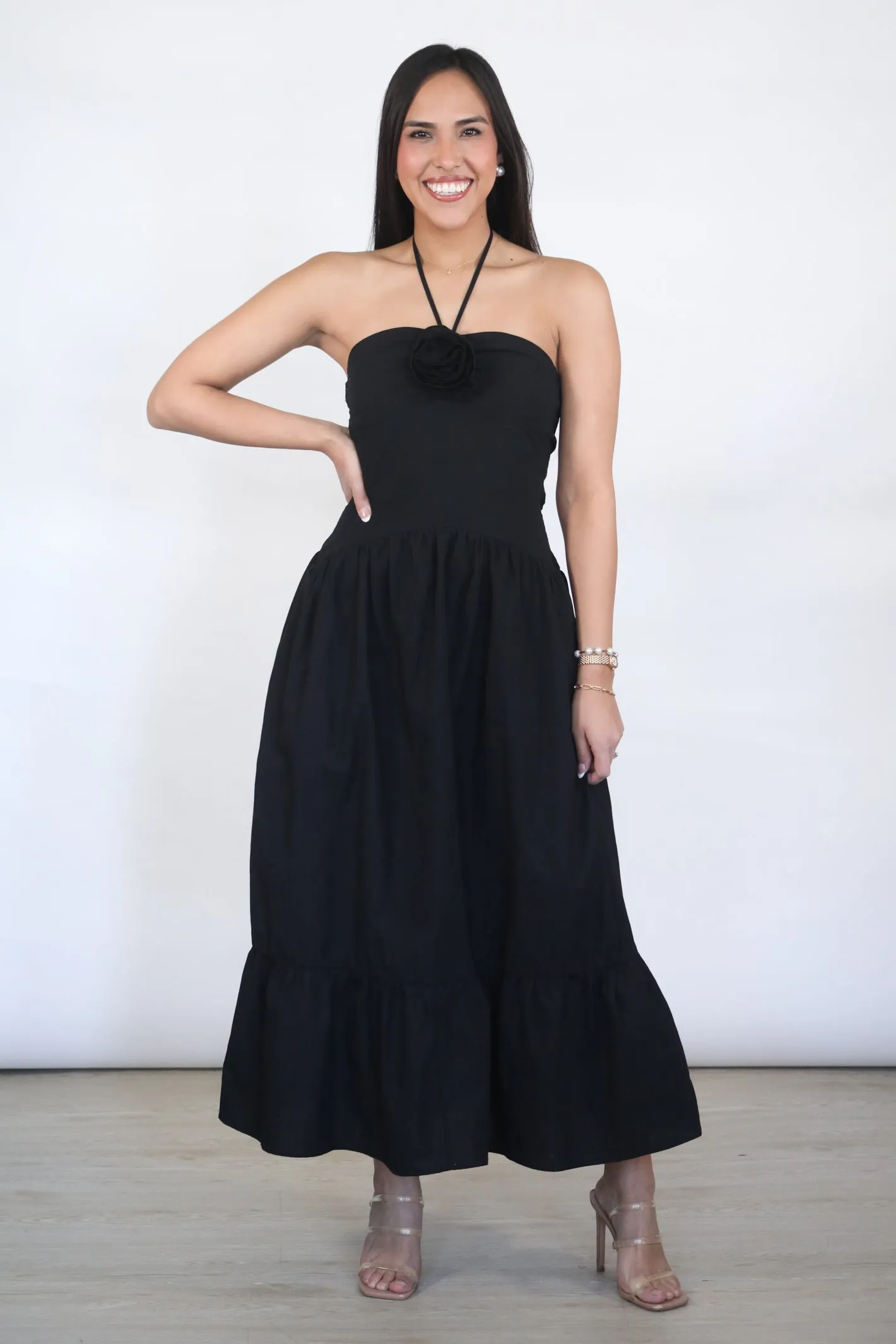 MIDNIGHT ROSE HALTER MIDI DRESS