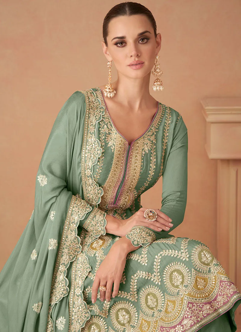 Mint Green Multi Embroidery Wedding Sharara Suit