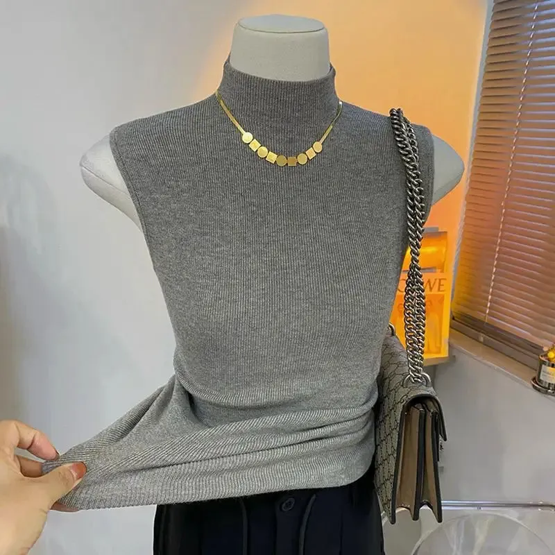 Mock Turtleneck Cropped Top Slim-fit Going Out Tops Solid Basic tank Top