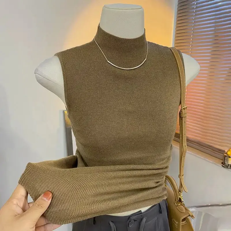 Mock Turtleneck Cropped Top Slim-fit Going Out Tops Solid Basic tank Top