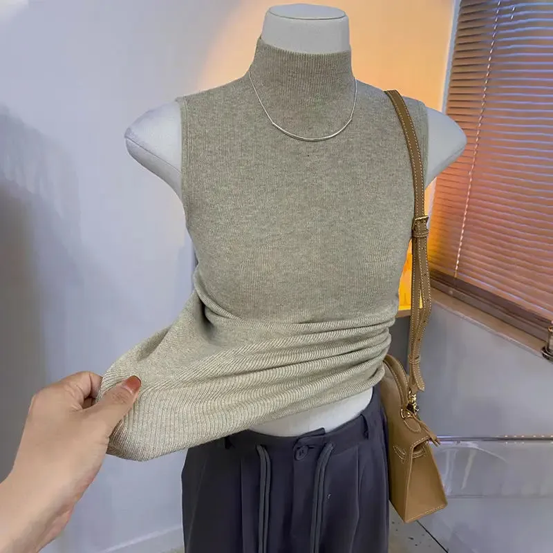 Mock Turtleneck Cropped Top Slim-fit Going Out Tops Solid Basic tank Top