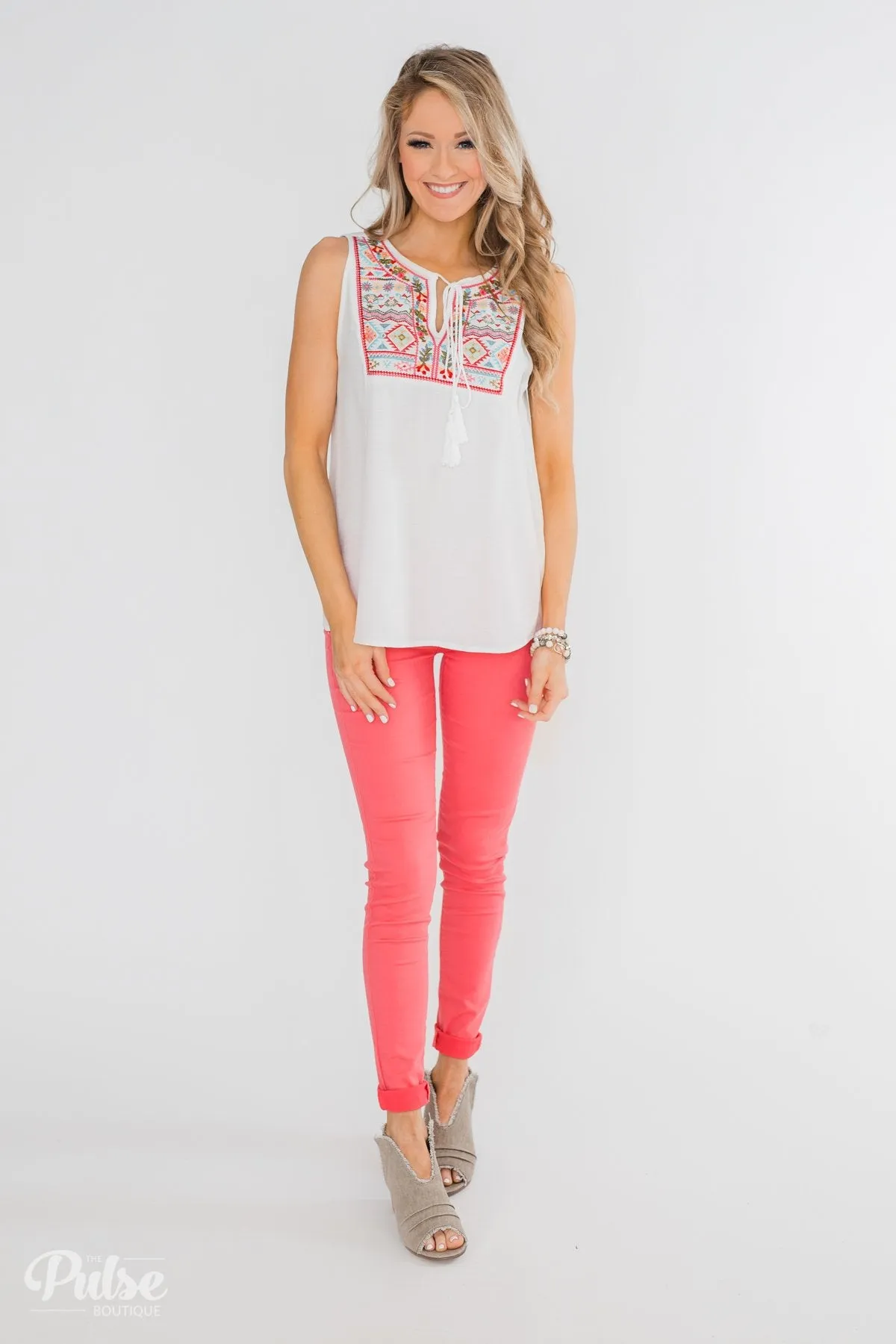 More Beautiful You Embroider Tank Top- White
