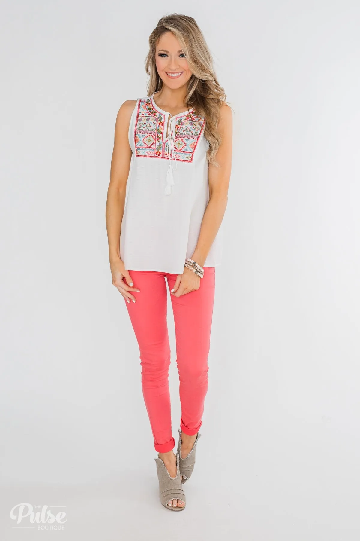 More Beautiful You Embroider Tank Top- White