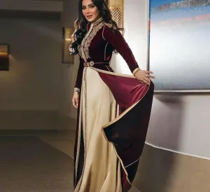 Moroccan Caftans Burgundy Formal Dress A-line Long Sleeve Evening Gowns Floor-Length Velour Vintage Party Dress with Embroidery