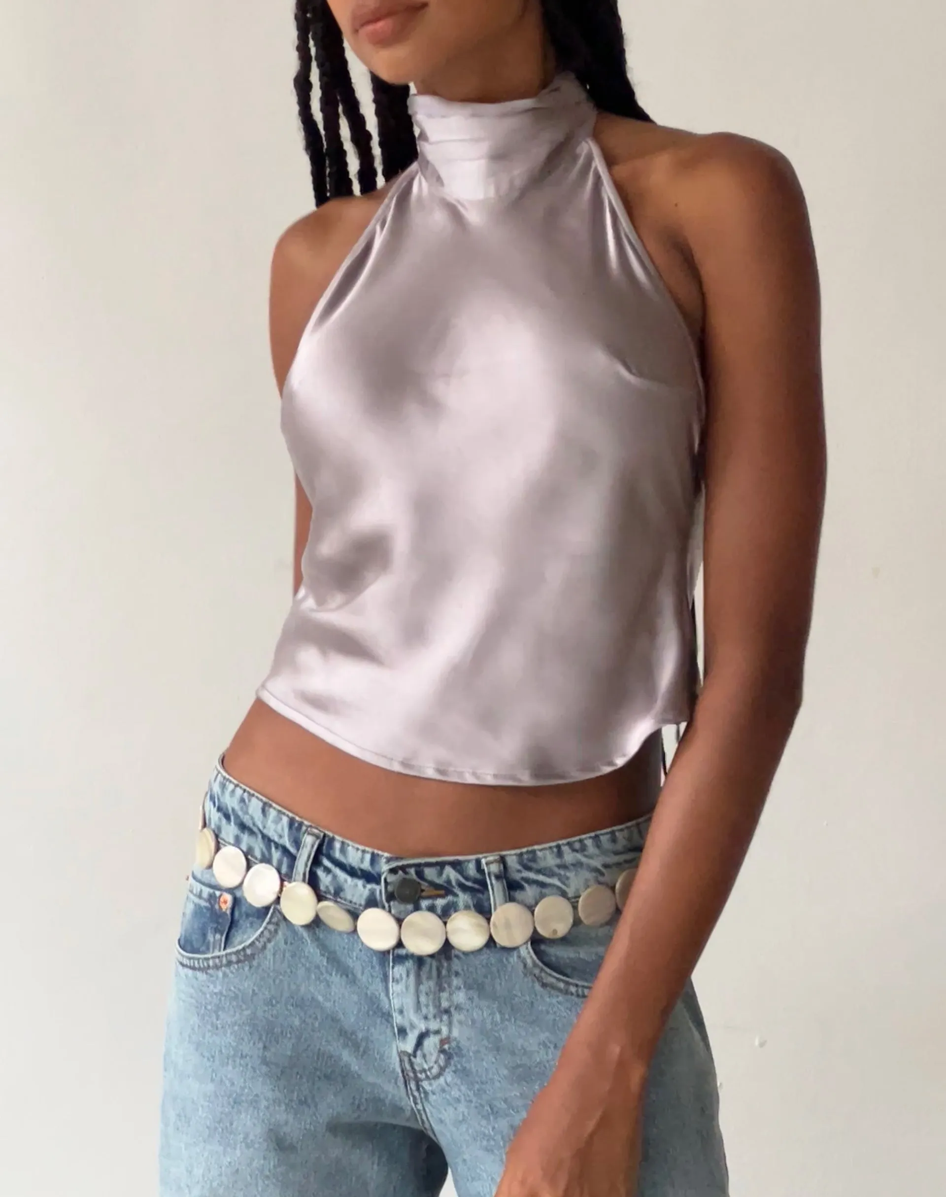 MOTEL X JACQUIE Ataina Halterneck Top in Satin Silver