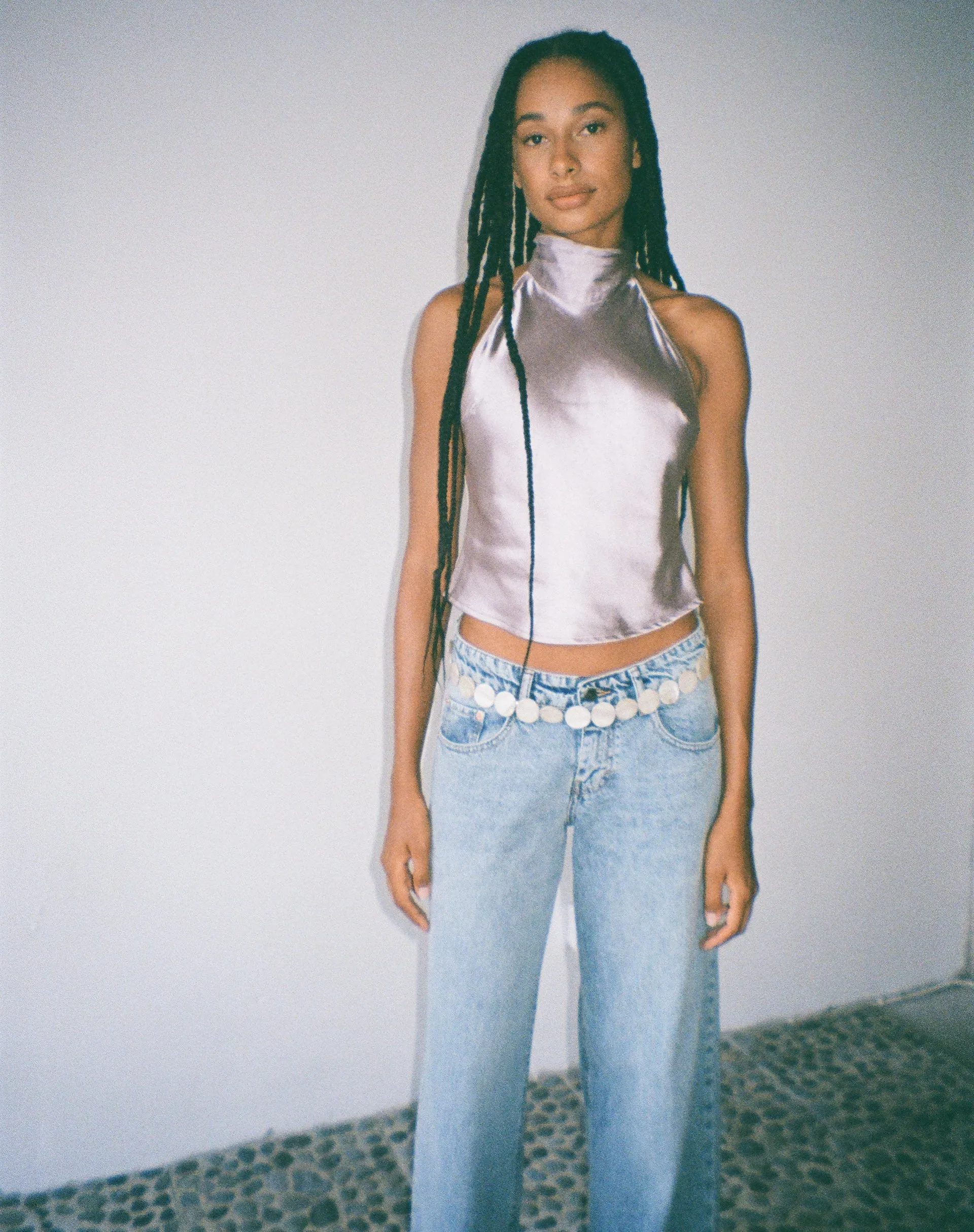 MOTEL X JACQUIE Ataina Halterneck Top in Satin Silver