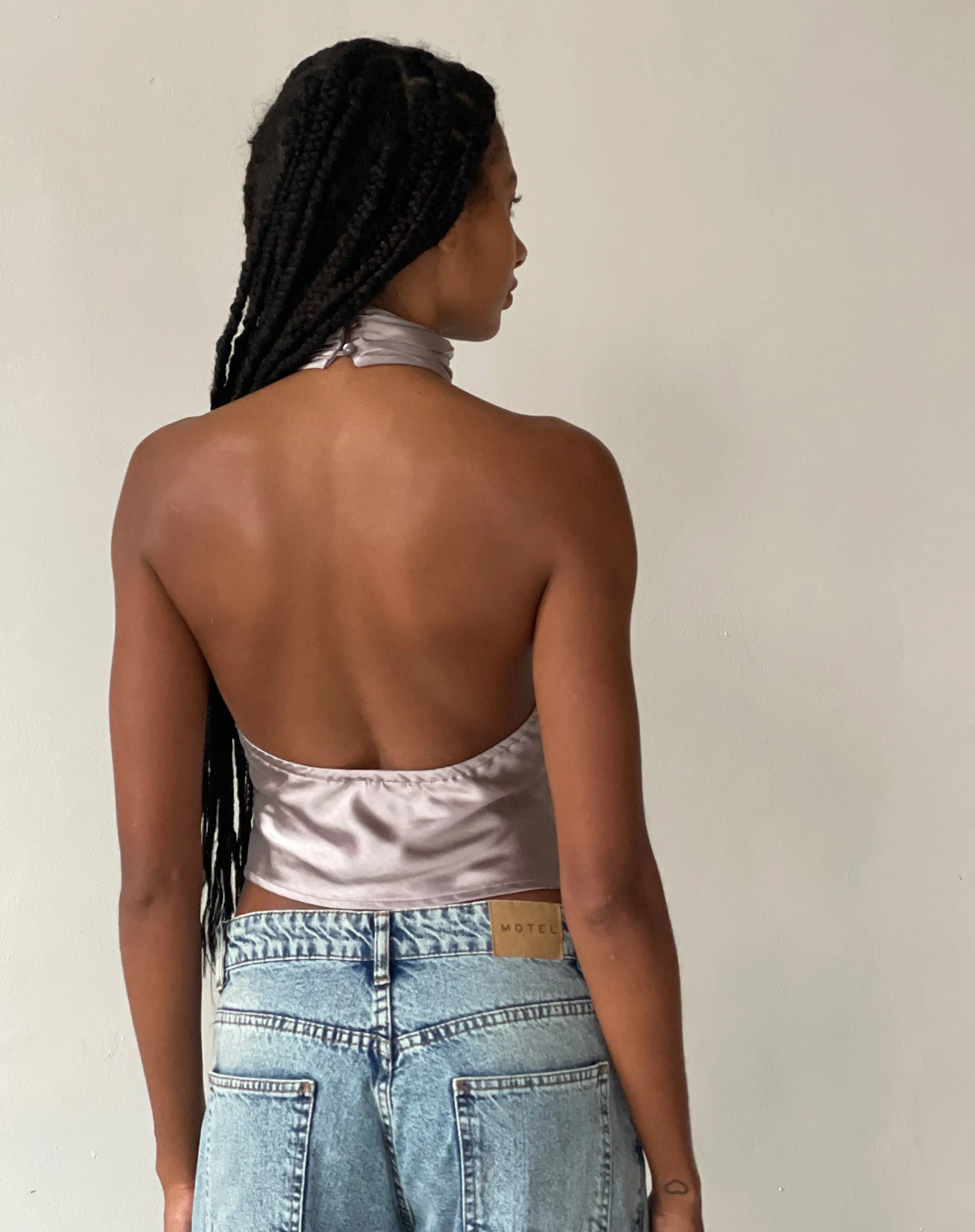 MOTEL X JACQUIE Ataina Halterneck Top in Satin Silver
