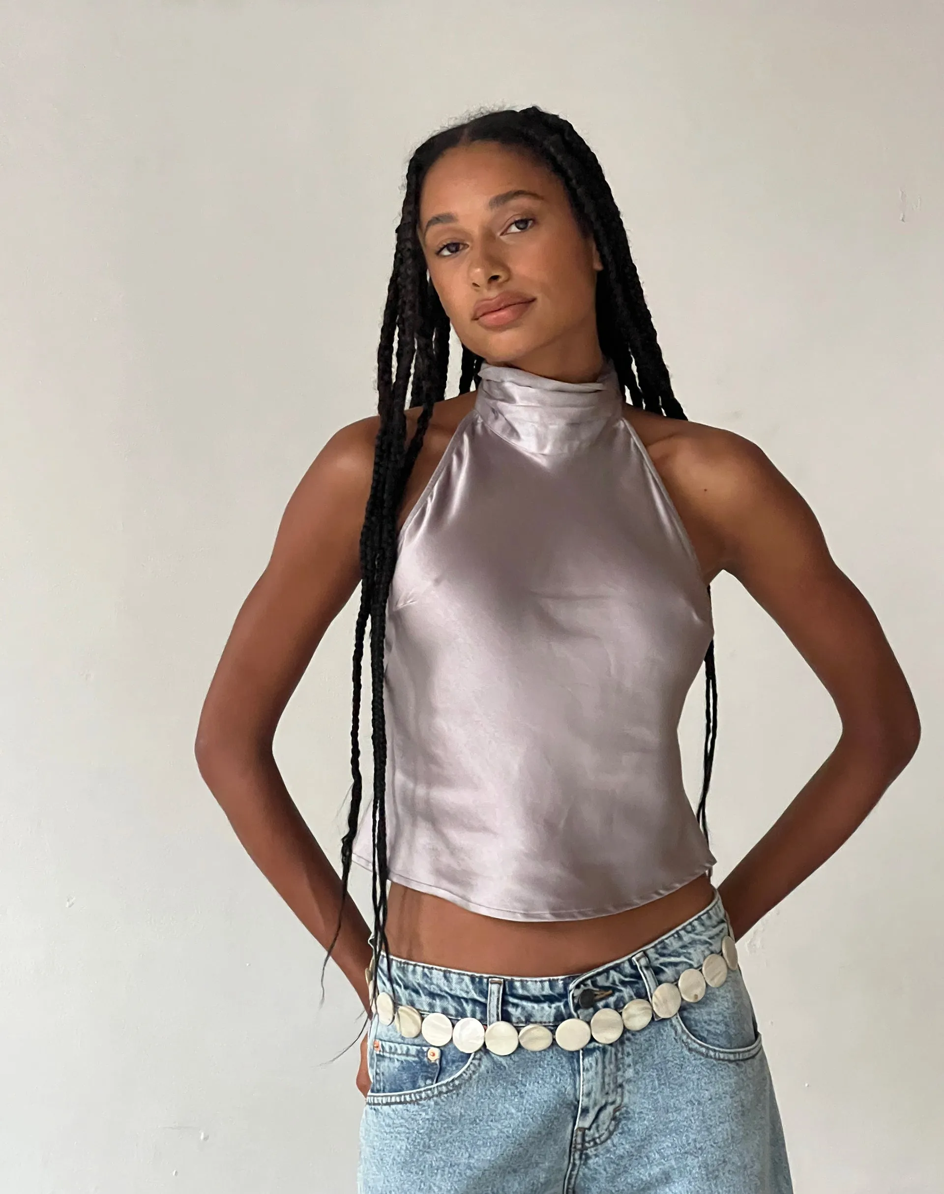 MOTEL X JACQUIE Ataina Halterneck Top in Satin Silver