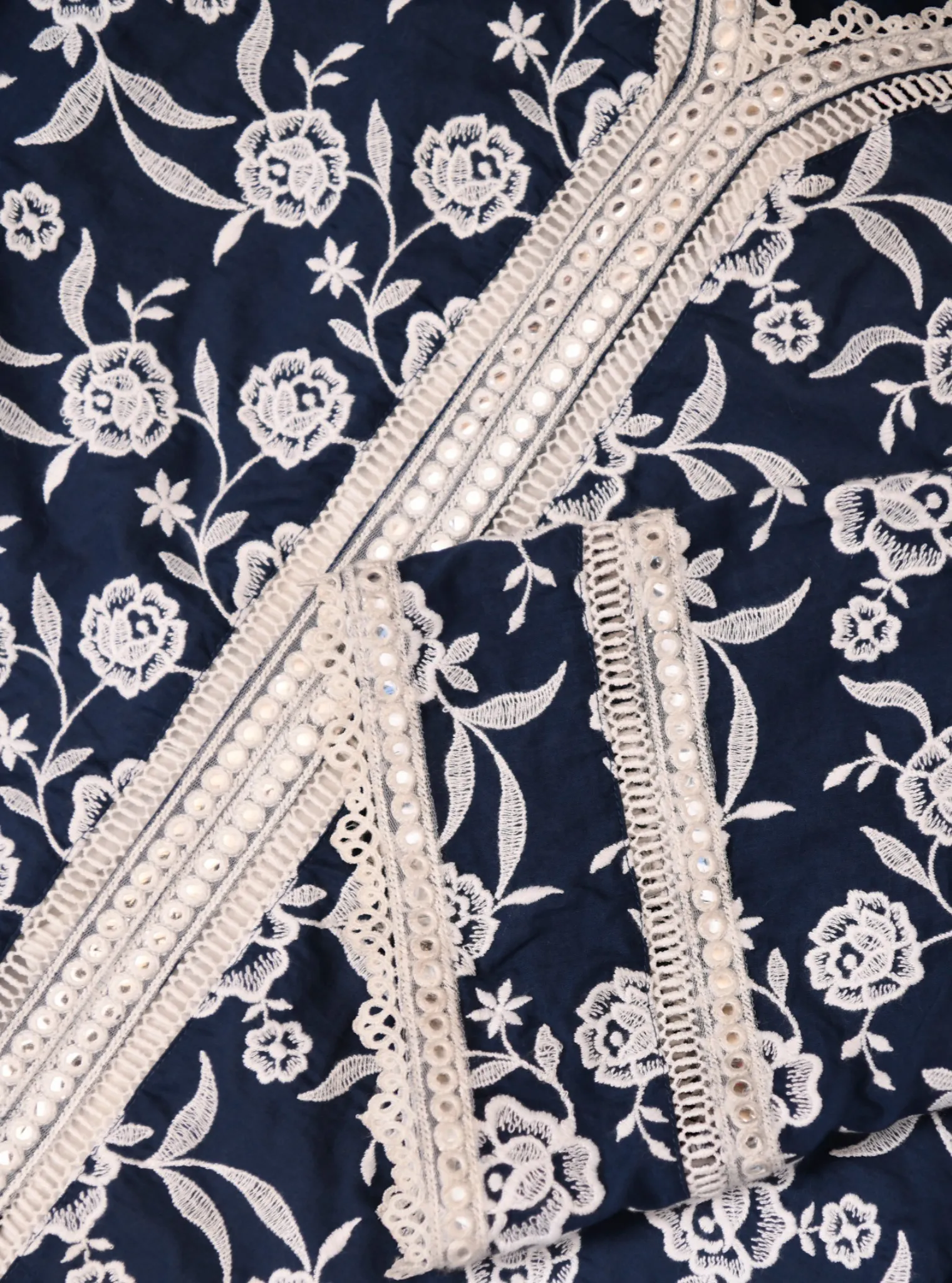 Mulmul Cotton Briallen Navy Kurta With Mulmul Cotton Mirror Gota White Pant
