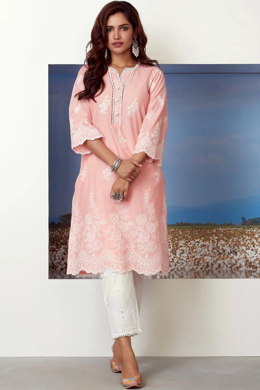 Mulmul Cotton Embroidered Eyelet Pyajama White