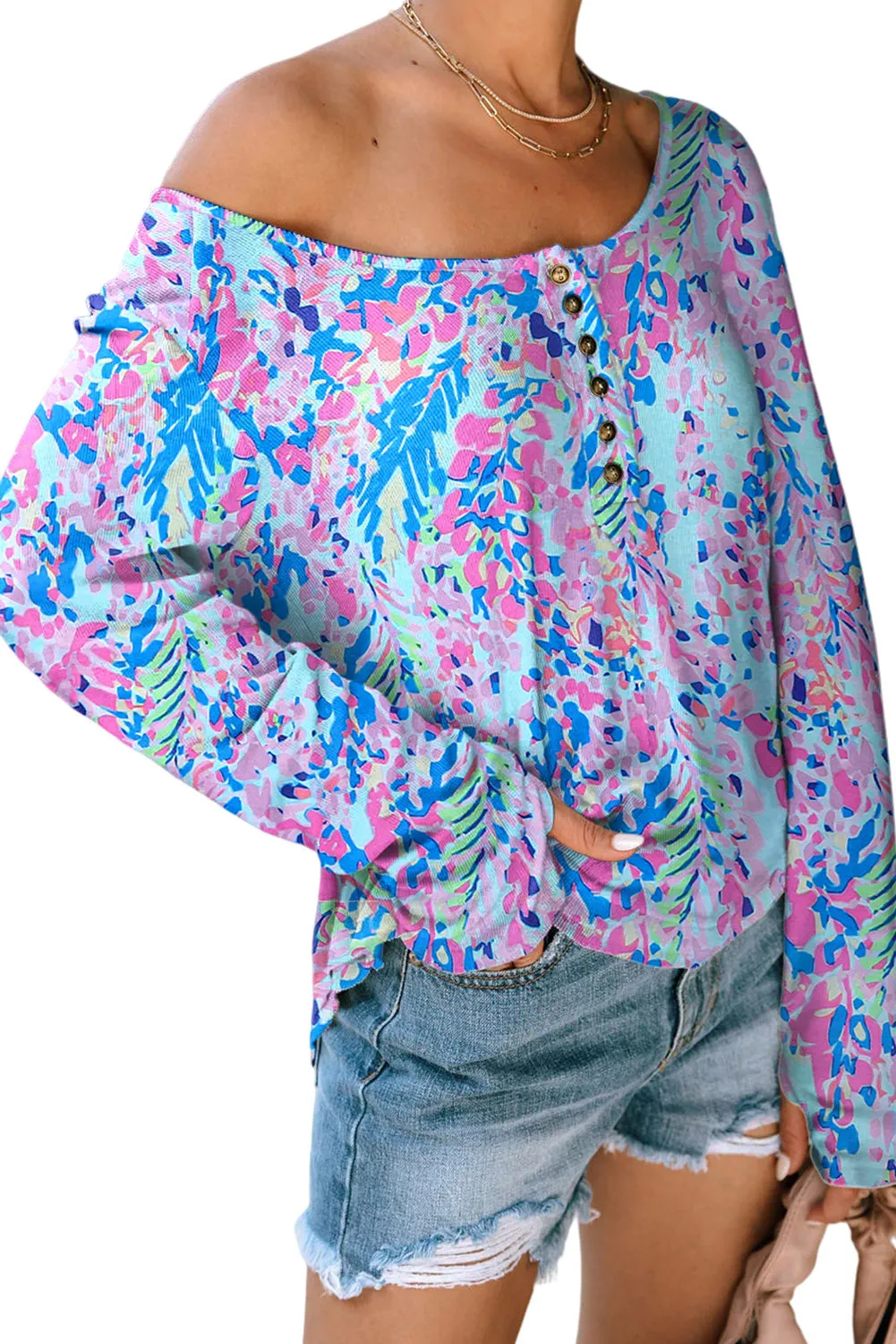 Multicolor Printed Wide Neck Long Thumbhole Sleeve Henley Top
