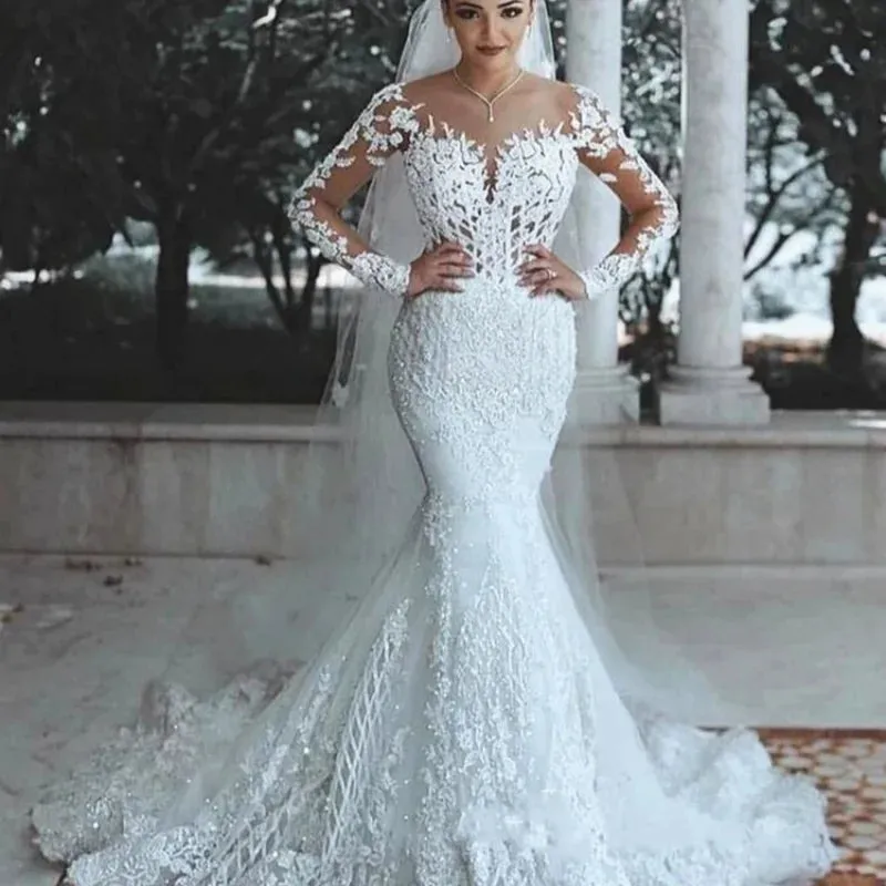 Muslim Shiny Lace Bridal Gowns Mermaid Luxury Women's Fashion Illusion Decal Long Sleeve Wedding Dress 2025 Customized