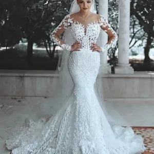 Muslim Shiny Lace Bridal Gowns Mermaid Luxury Women's Fashion Illusion Decal Long Sleeve Wedding Dress 2025 Customized