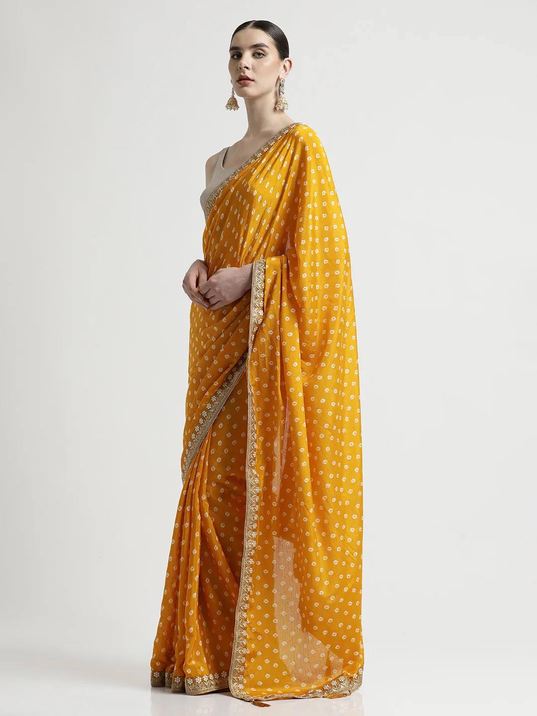 Mustard Fancy Chinon Printed With Embroidered Lace Saree
