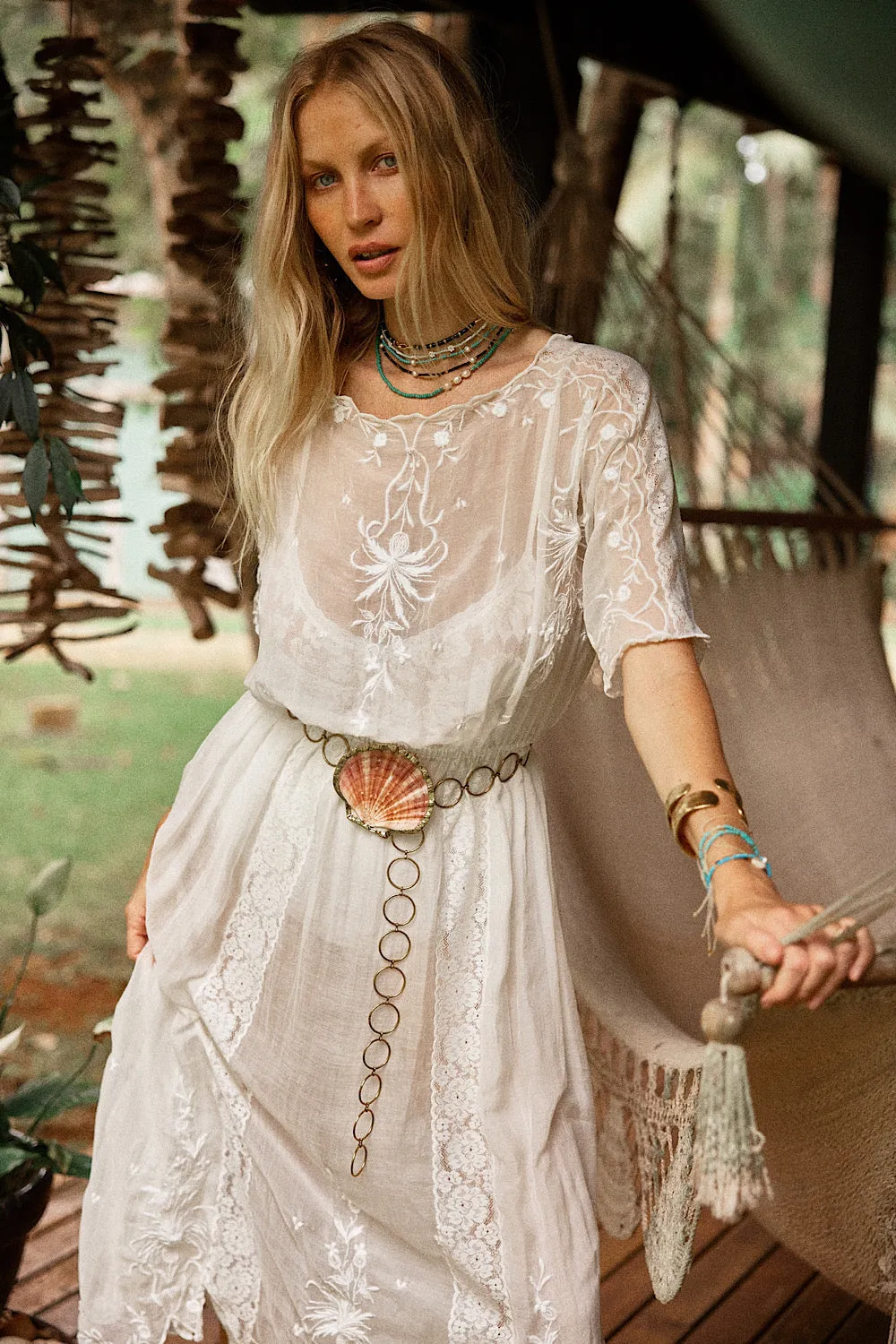 Natural Mystic Silk/Cotton Embroidered Maxi Dress