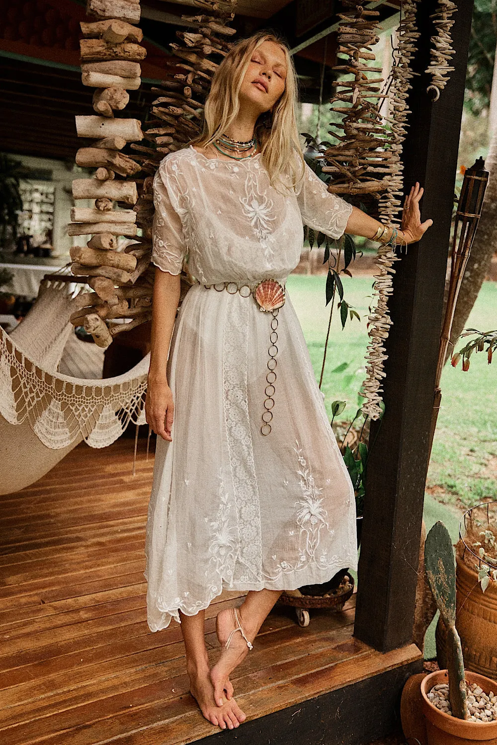 Natural Mystic Silk/Cotton Embroidered Maxi Dress