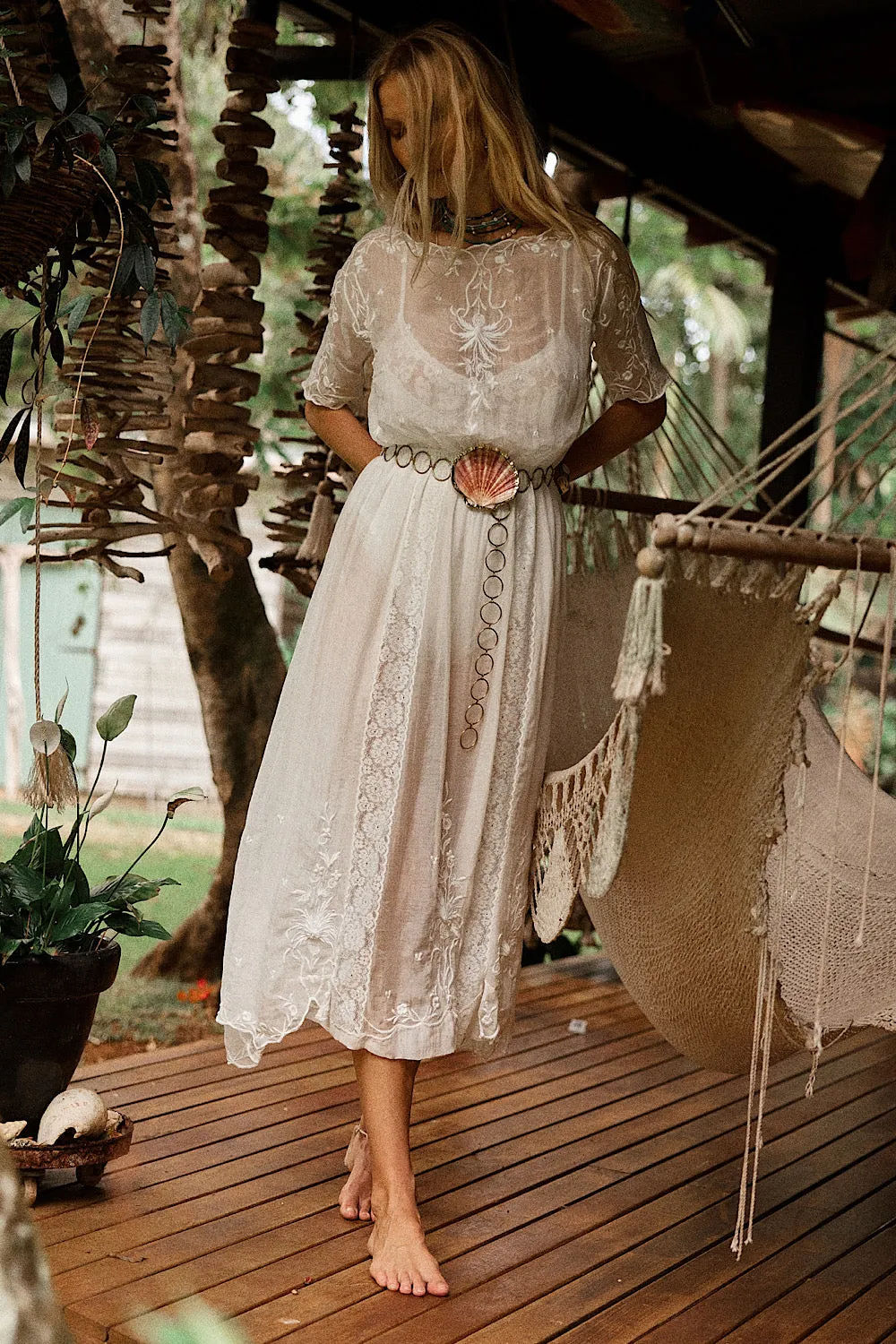 Natural Mystic Silk/Cotton Embroidered Maxi Dress