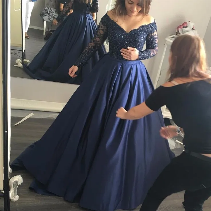 Navy-Blue Off-the-Shoulder Prom Dresses Lace Long-Sleeves Gowns