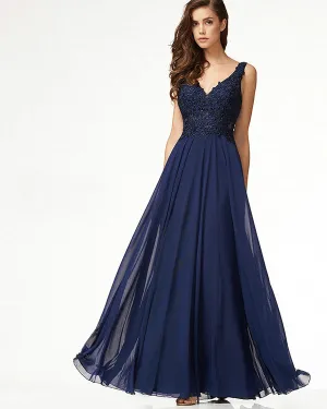 Navy Blue Prom Dresses V-Neck Lace Appliques Bodice Long Prom Evening Gown 2019
