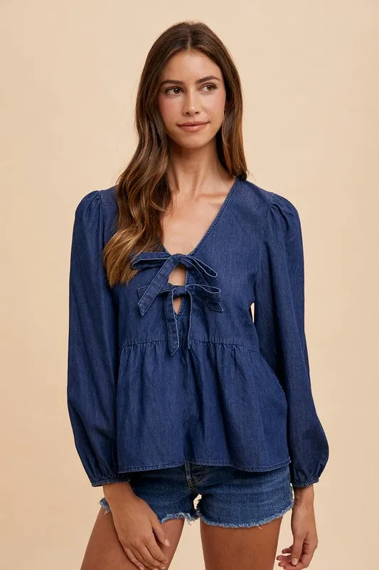 Navy Blue Tie Front Peplum Long Sleeve Denim Top