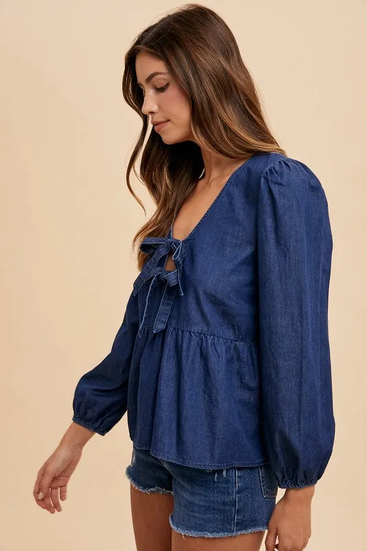 Navy Blue Tie Front Peplum Long Sleeve Denim Top