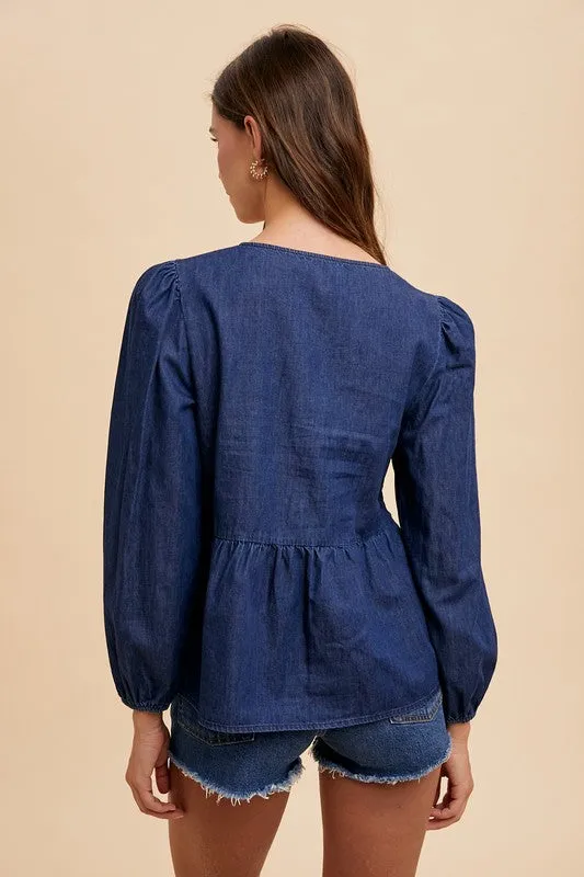 Navy Blue Tie Front Peplum Long Sleeve Denim Top
