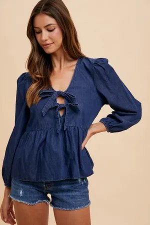 Navy Blue Tie Front Peplum Long Sleeve Denim Top