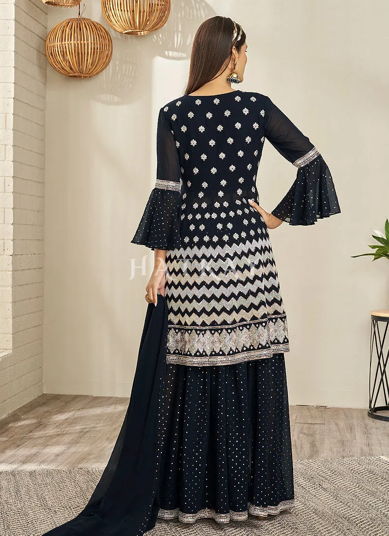 Navy Blue Traditional Embroidered Peplum Anarkali Lehenga