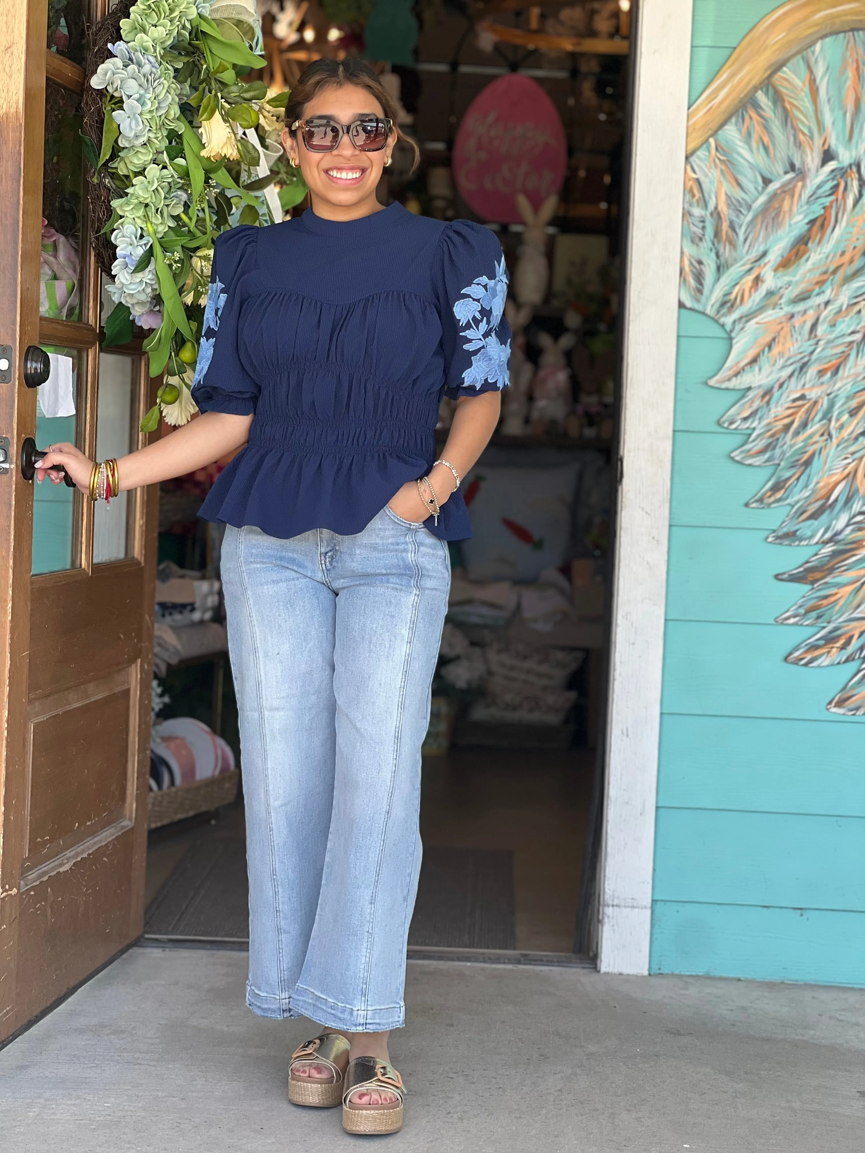 Navy Peplum Puff Sleeve Top