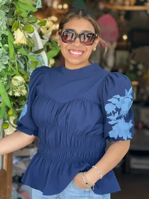Navy Peplum Puff Sleeve Top