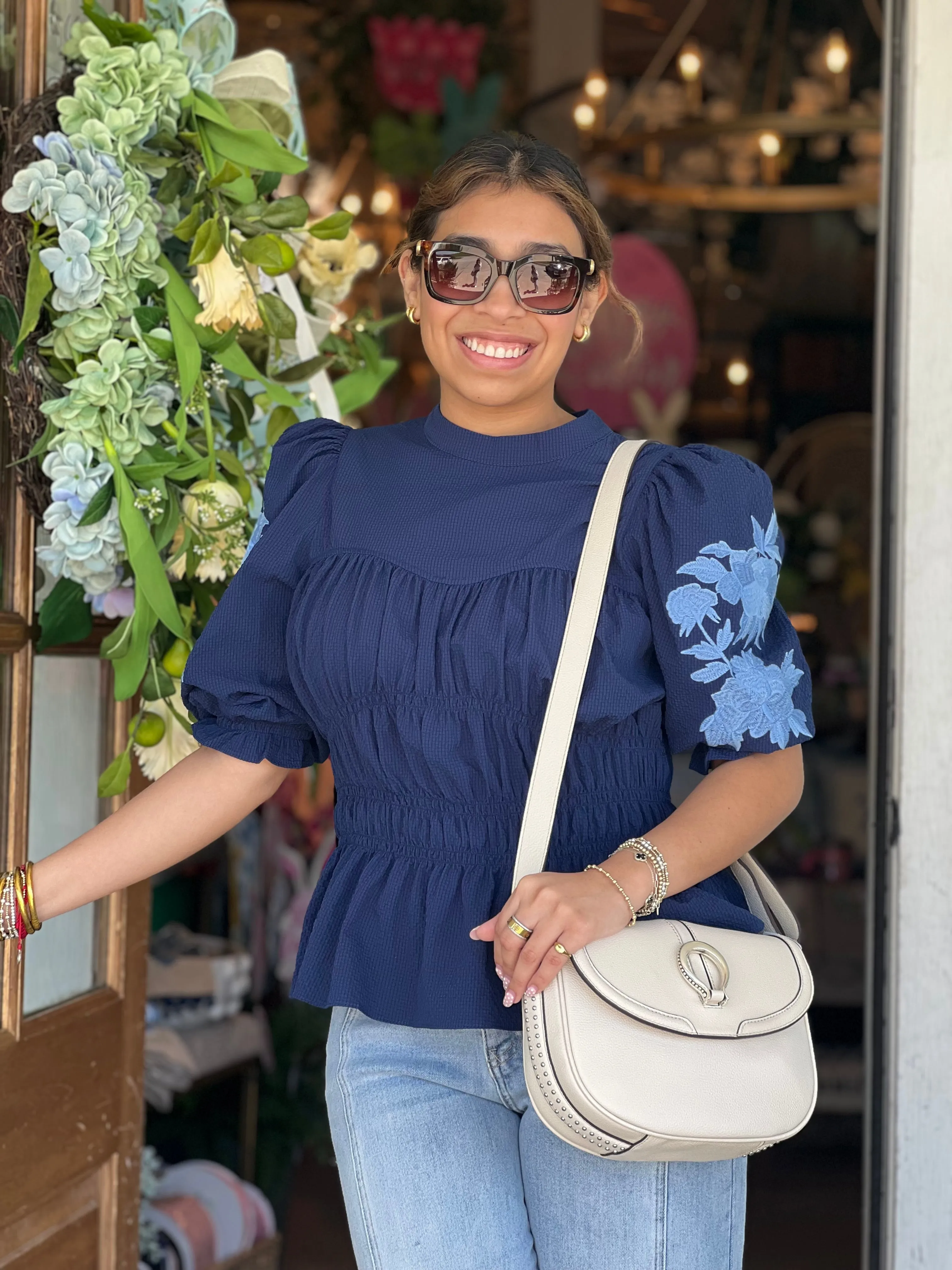 Navy Peplum Puff Sleeve Top
