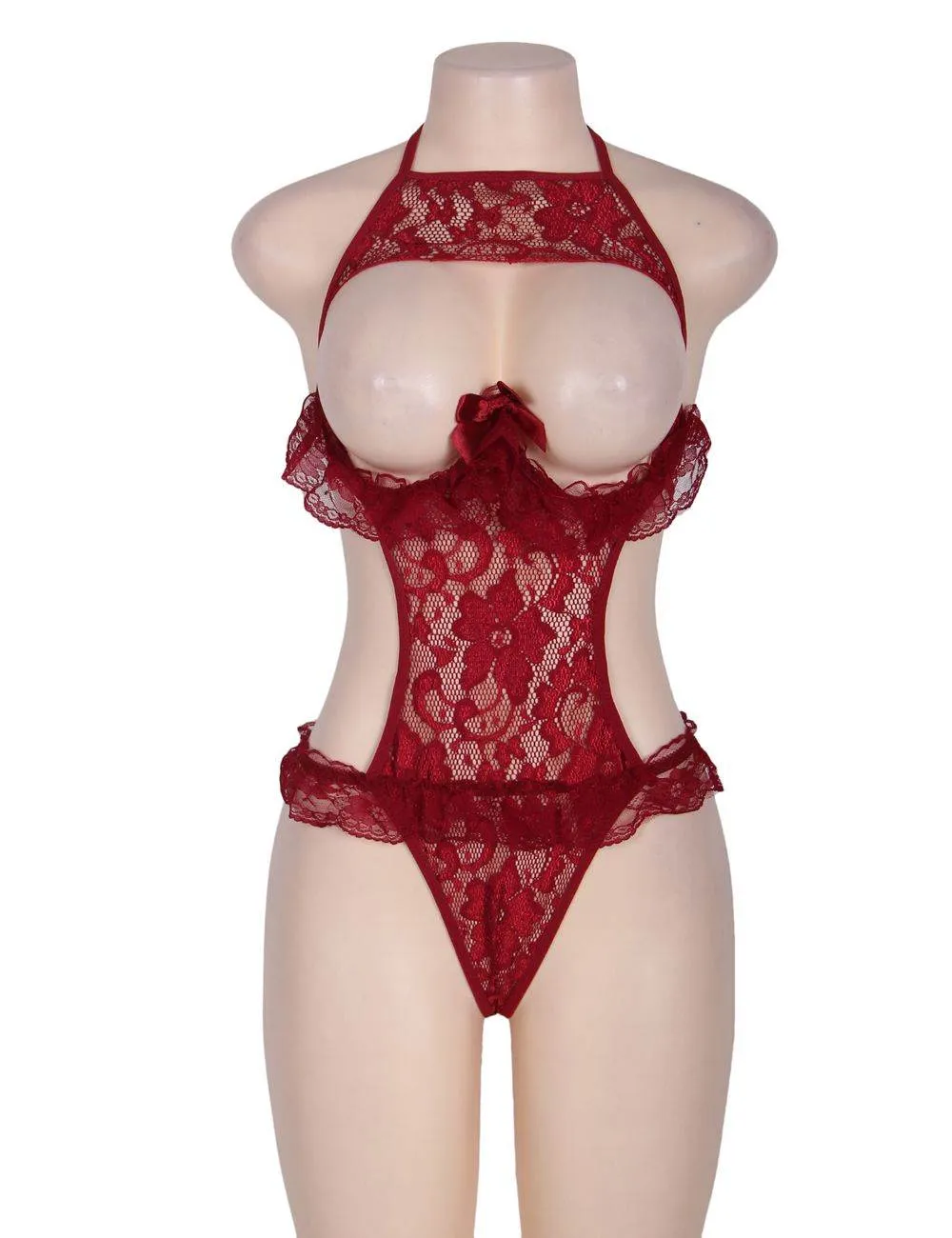 New Red & Black Lace Halter Babydoll Showing Nipples