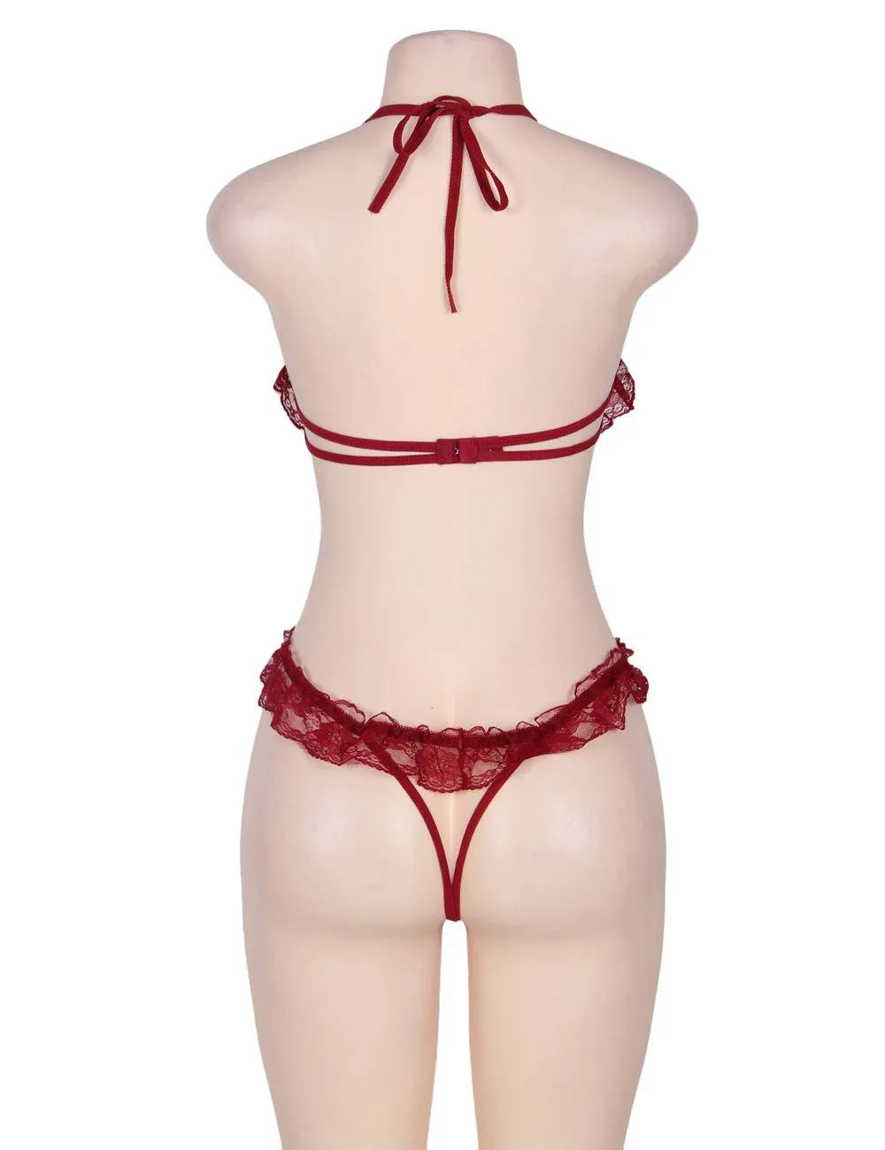 New Red & Black Lace Halter Babydoll Showing Nipples