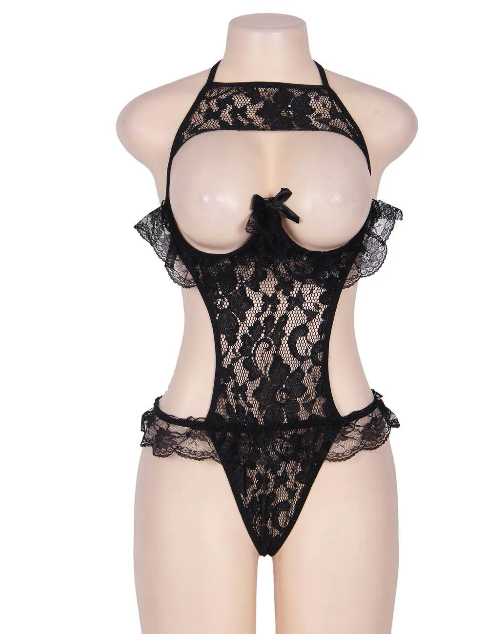 New Red & Black Lace Halter Babydoll Showing Nipples