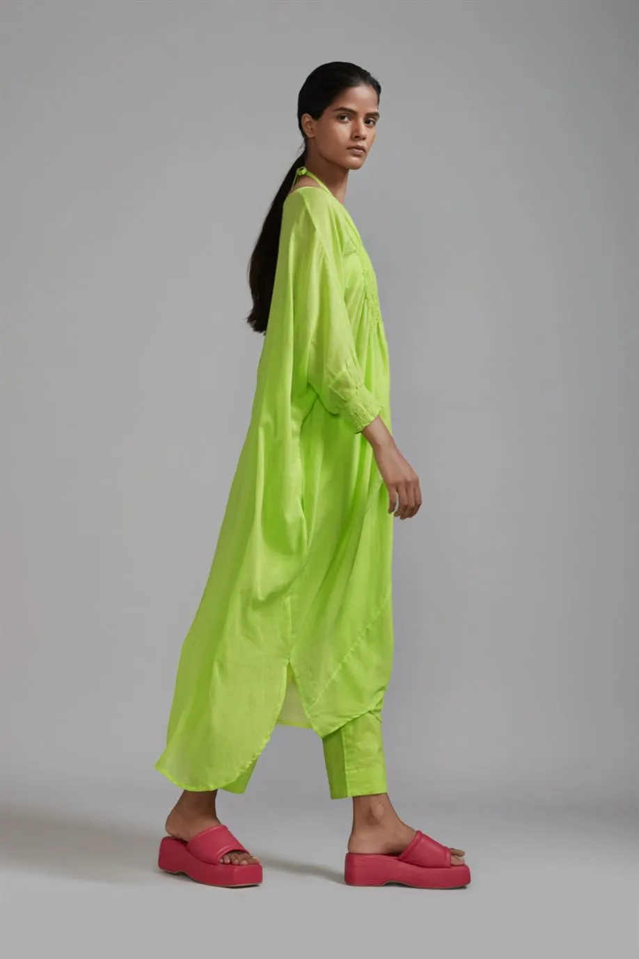 New Season Summer/Fall 2024-Coord Set Green Smocked Cowl Tunic 3pcs Cotton Neon-MT Smoc Cowl Tunic Coord Set-ML Neon Green 3pcs-Fashion Edit Mati