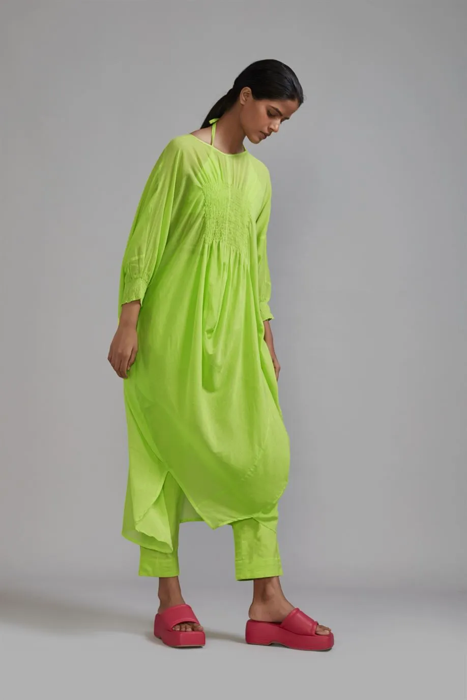 New Season Summer/Fall 2024-Coord Set Green Smocked Cowl Tunic 3pcs Cotton Neon-MT Smoc Cowl Tunic Coord Set-ML Neon Green 3pcs-Fashion Edit Mati