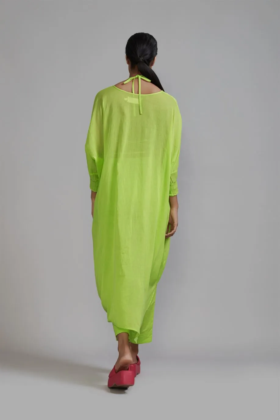 New Season Summer/Fall 2024-Coord Set Green Smocked Cowl Tunic 3pcs Cotton Neon-MT Smoc Cowl Tunic Coord Set-ML Neon Green 3pcs-Fashion Edit Mati